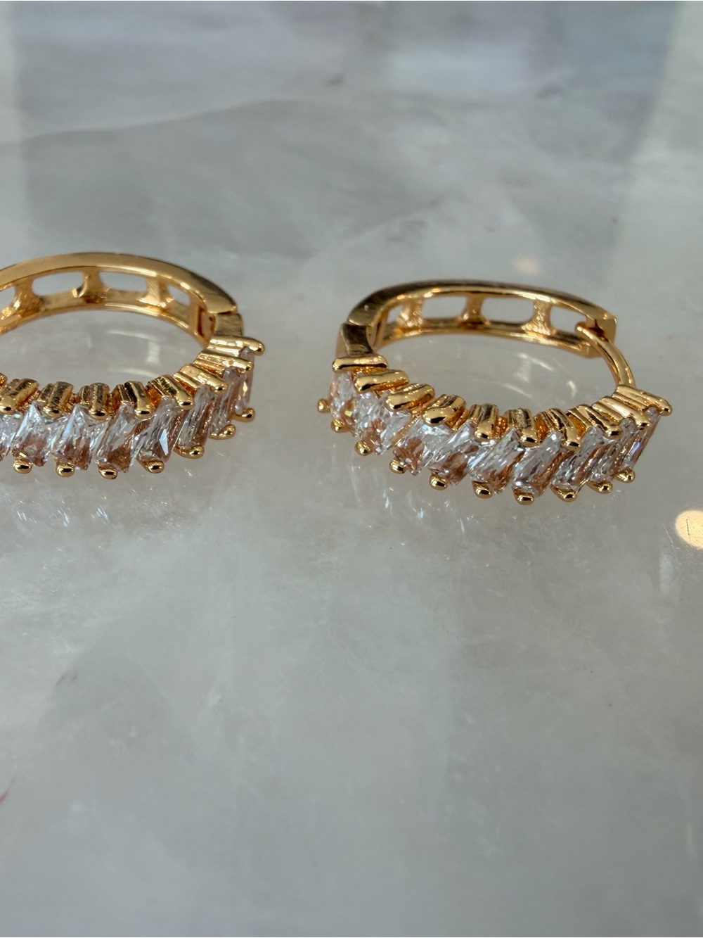 Gold Baguette CZ Huggie Hoop Earrings Sparkling Crystal